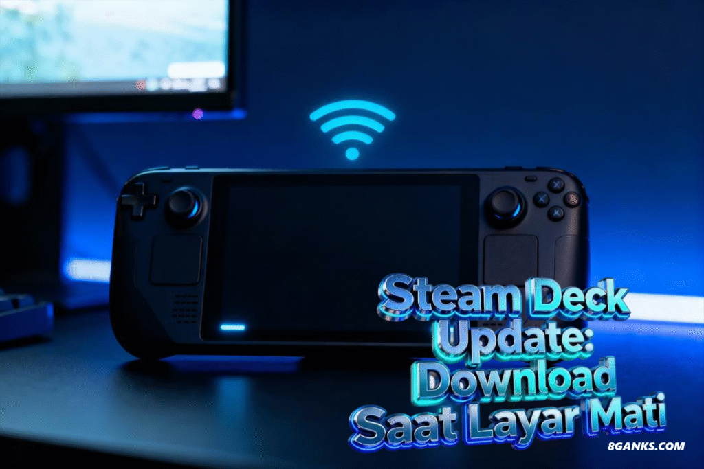 Foto-digital-sinematik-Steam-Deck-dengan-layar-mati-dan-lampu-indikator-biru,-menggambarkan-fitur-baru-download-tetap-aktif-meski-layar-mati