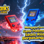 Gambar sinematik dua cartridge game bercahaya merah dan biru yang melambangkan dua versi Pokémon dalam satu generasi.