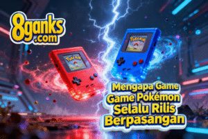 Gambar sinematik dua cartridge game bercahaya merah dan biru yang melambangkan dua versi Pokémon dalam satu generasi.