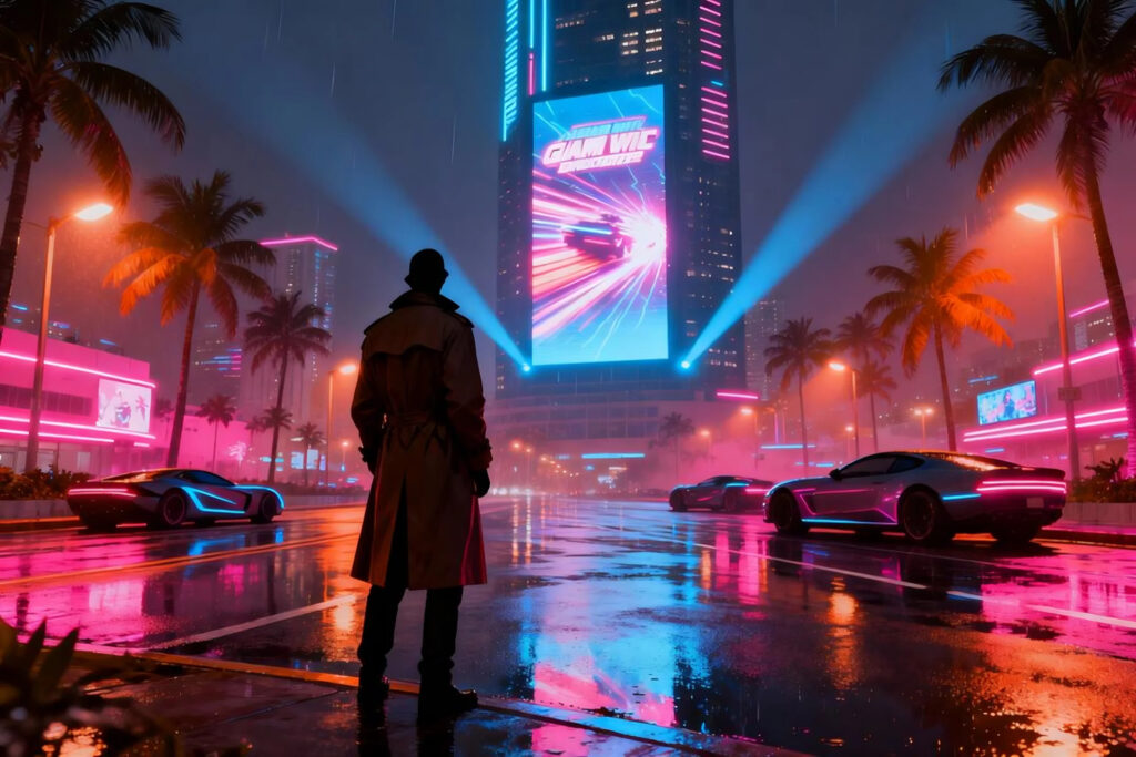 Ilustrasi sinematik kota tropis bercahaya neon dengan siluet misterius menatap layar raksasa, menggambarkan suasana menjelang peluncuran game besar.