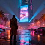 Ilustrasi sinematik kota tropis bercahaya neon dengan siluet misterius menatap layar raksasa, menggambarkan suasana menjelang peluncuran game besar.