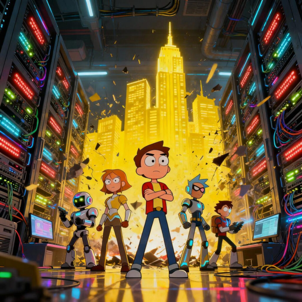Ilustrasi sinematik pemain game online mengalami server error di kota bercahaya bergaya kartun futuristik.