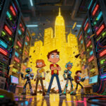 Ilustrasi sinematik pemain game online mengalami server error di kota bercahaya bergaya kartun futuristik.