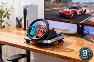 Foto digital realistis aksesori Numskull Steering Wheel untuk Joy-Con Switch 2 di atas meja kayu, menggambarkan pengalaman bermain balap yang imersif dengan kontrol gerak.